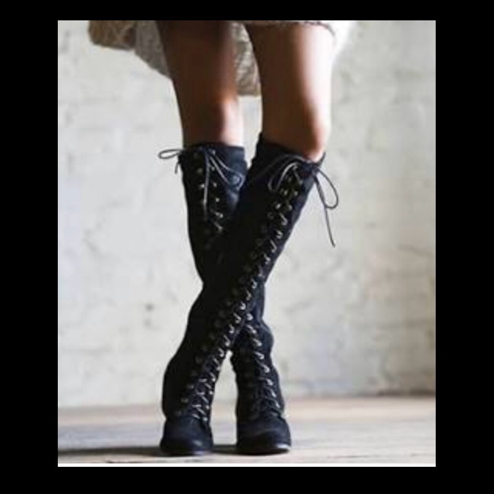 Jeffrey Campbell Free People Joe OTK over the knee lace up leather heeled boots